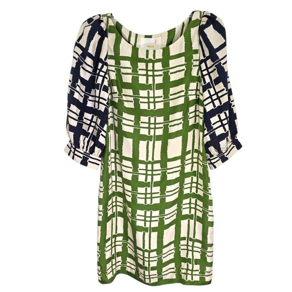 Maeve Anthropologie Womens Green Broken Block Silk Shift Dress 3/4 Sleeve Size 2 - Picture 1 of 11